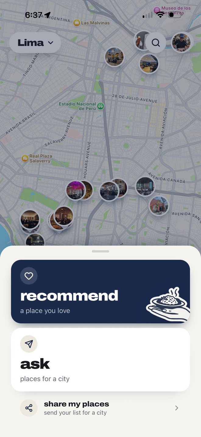 The Comme + sheet: recommend a place you love, ask for places in a city, share your places